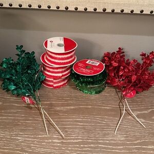 Celebrate It Christmas ribbon red/white fabric,  Green ribbon,decor Picks 9items